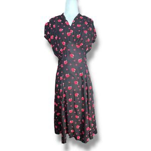 ModCloth x Collectif Apple Print Midi Dress Black Red Heart Puff Sleeve Small